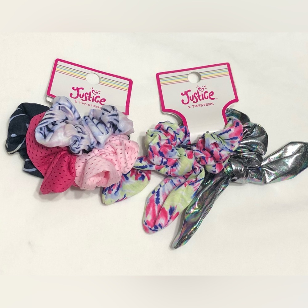 5 PK of girls’ elastic twisters pink blue purple silver green. Age 4+